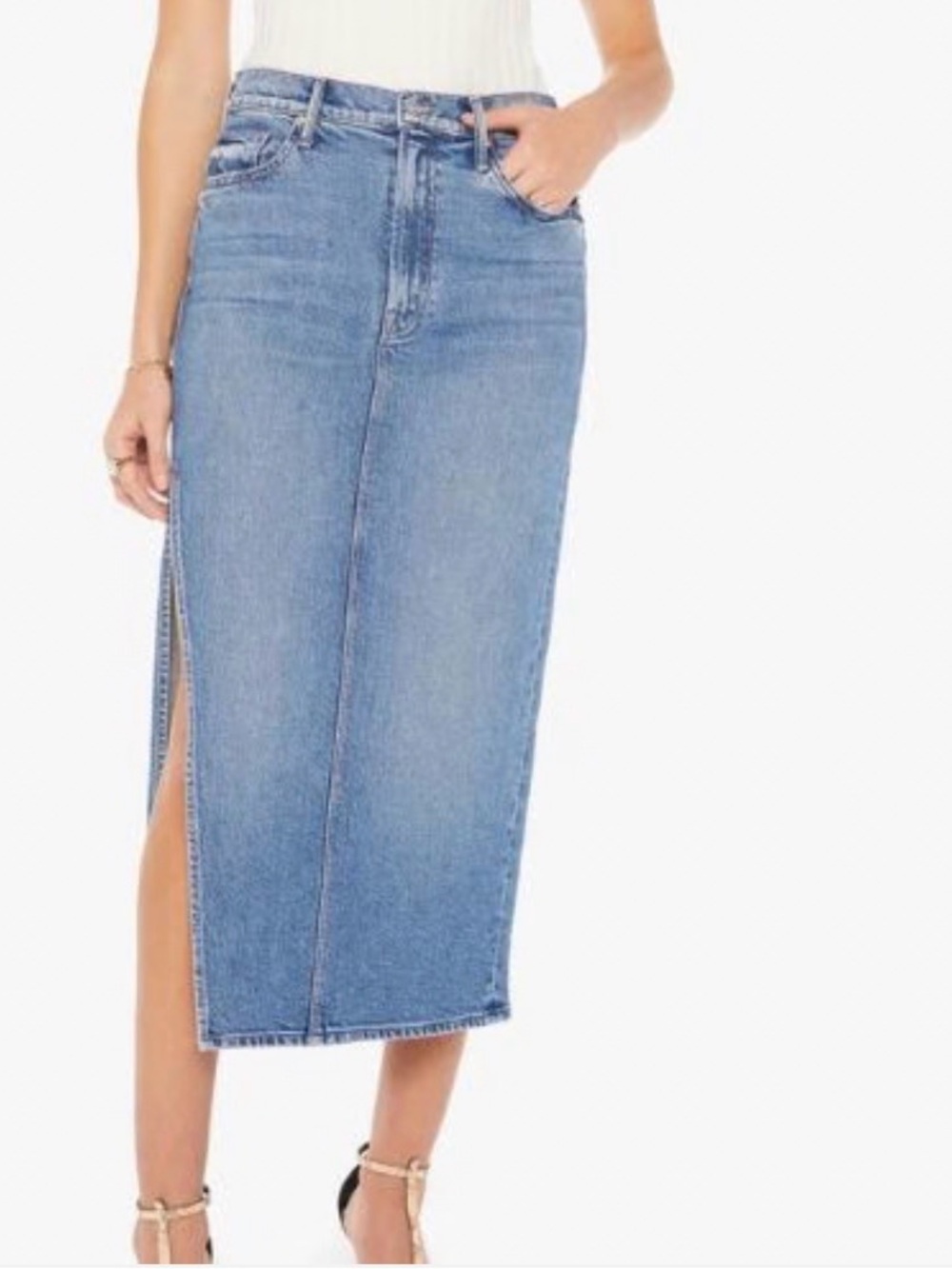 Mother Superior The Split Second Strike a Pose Denim Midi Skirt